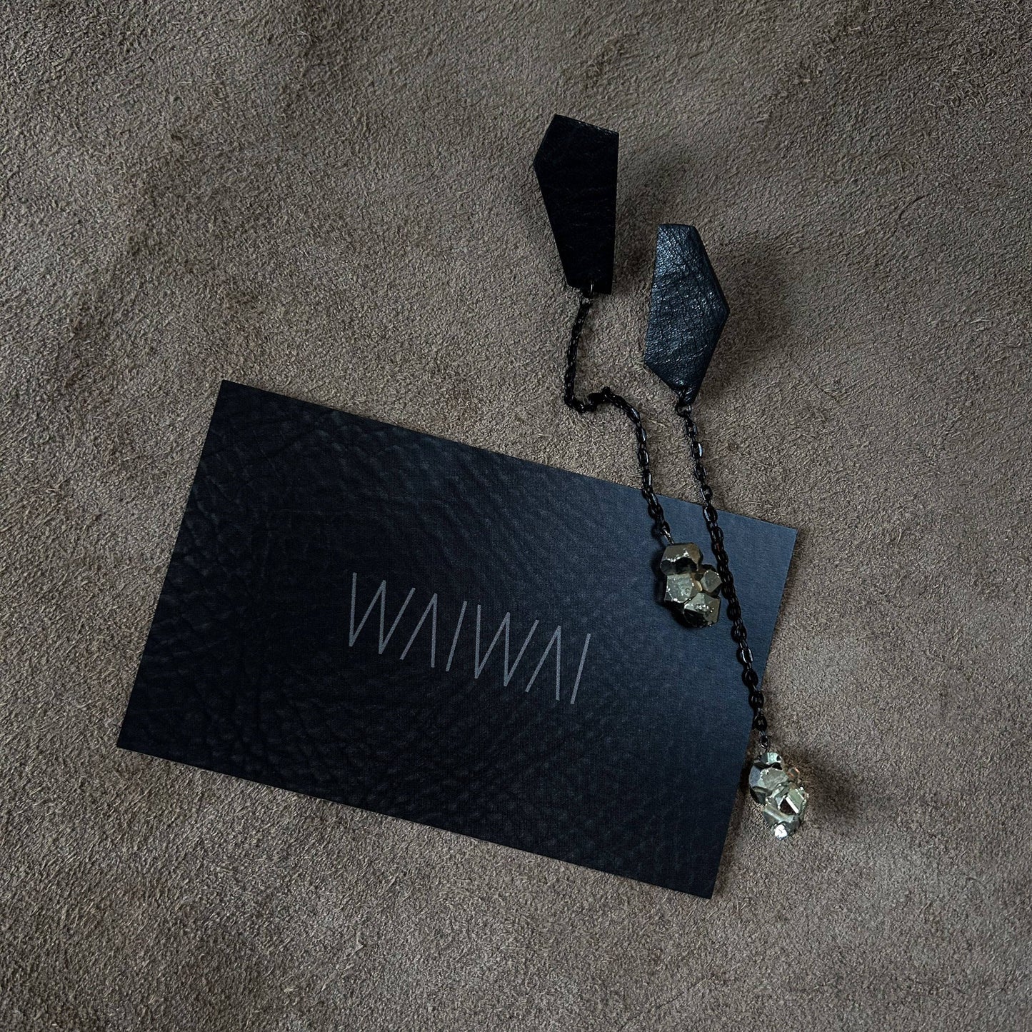 Drop Leather Earrings Black With Pyrite
