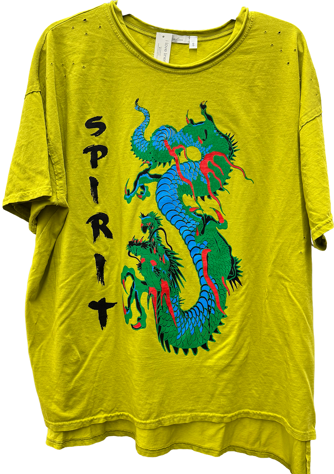 Distressed Tee with Spirit Dragon Print in Chartreuse