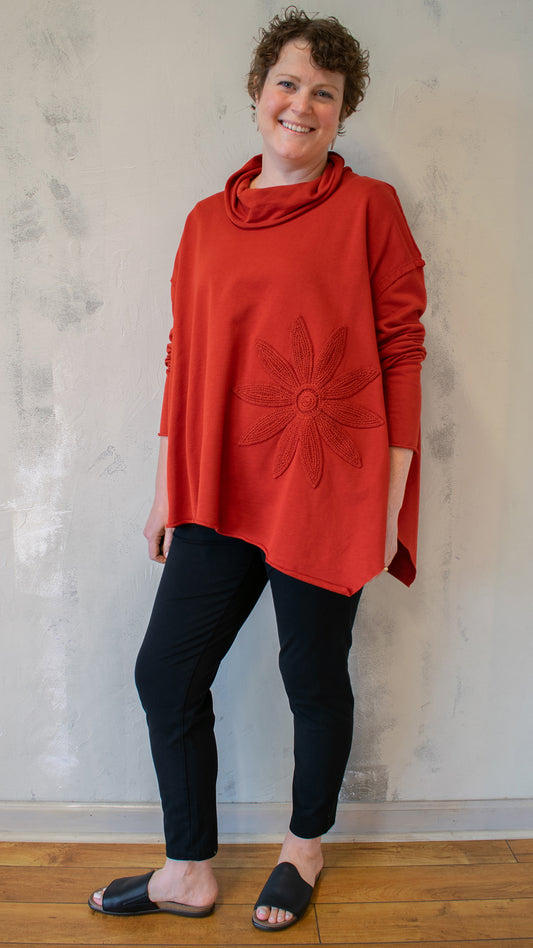 Cowl Flower Sweatshirt Pullover in Red