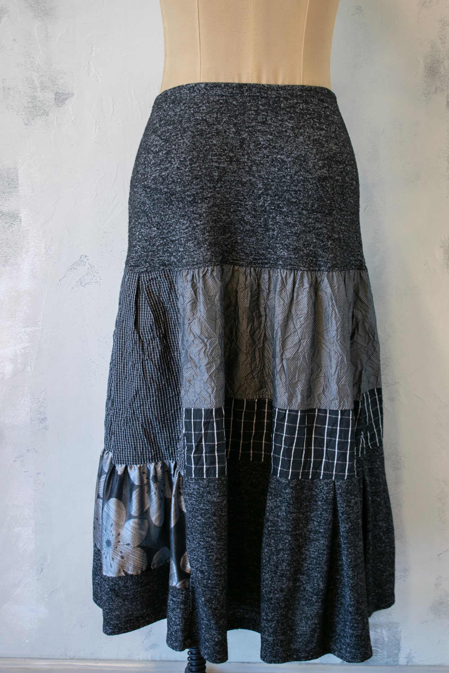 Alembika; Knit Skirt with Silver and Grey Tiers
