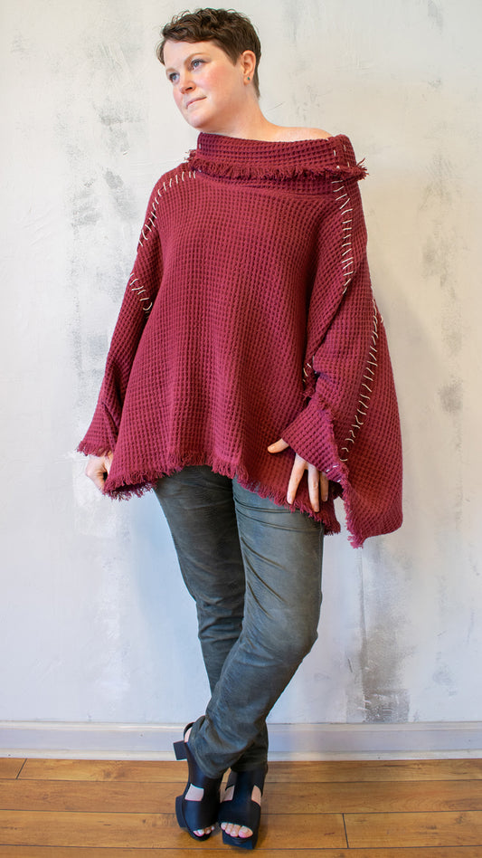Blanket Stitch Waffle Pullover in Berry