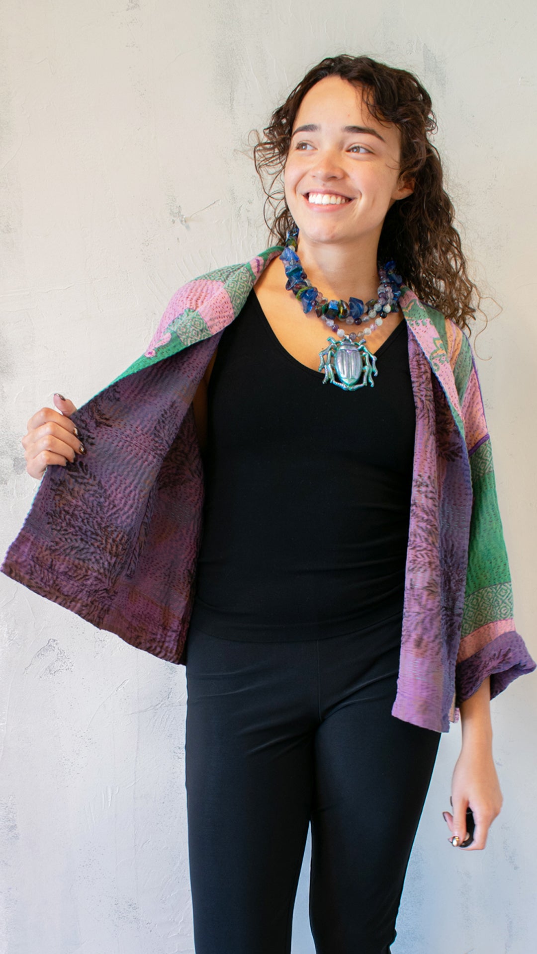 GC4034-0001A VINTAGE SILK GEORGETTE COTTON KANTHA STAND COLLAR CROPPED JACKET