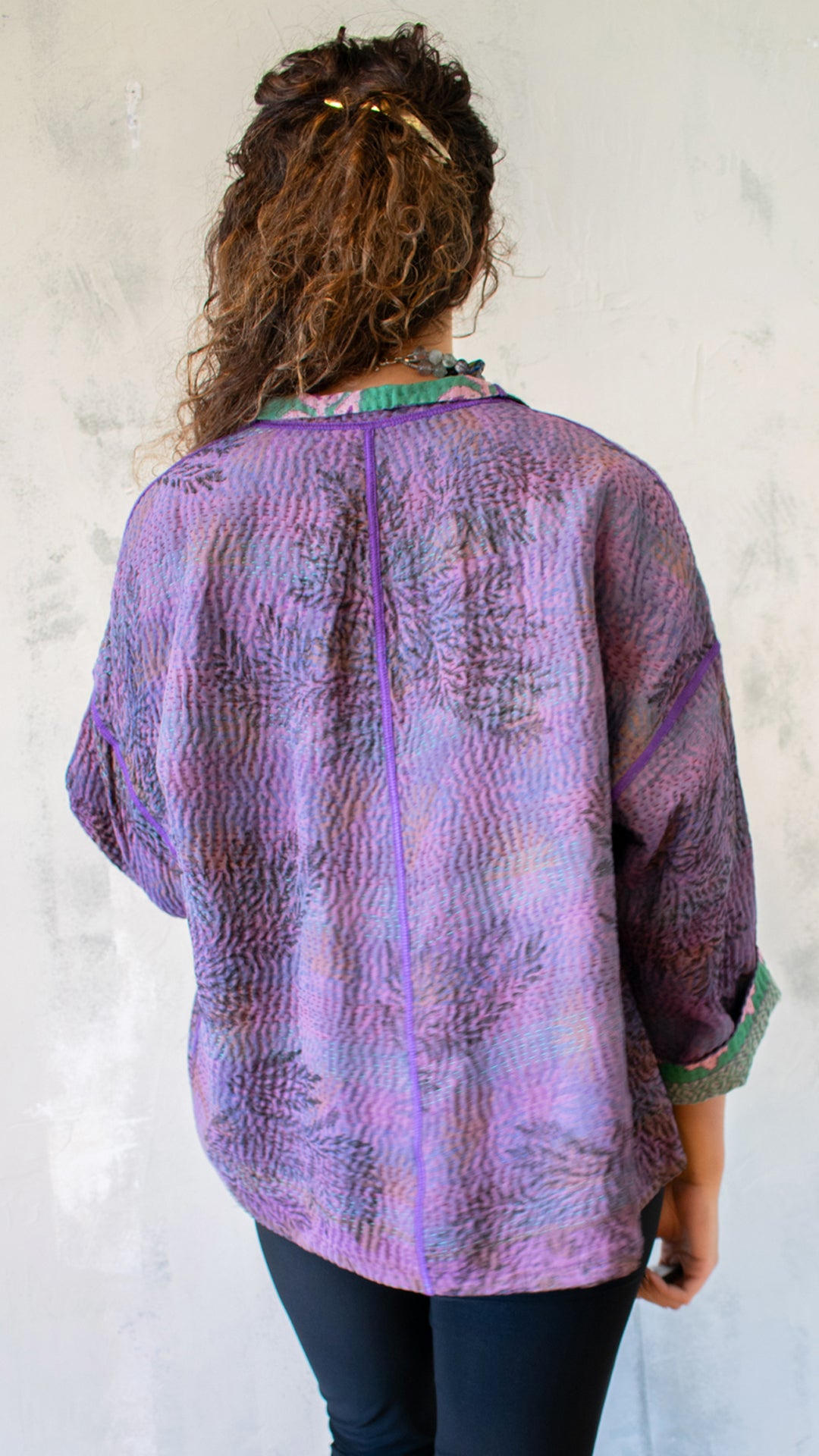 GC4034-0001A VINTAGE SILK GEORGETTE COTTON KANTHA STAND COLLAR CROPPED JACKET