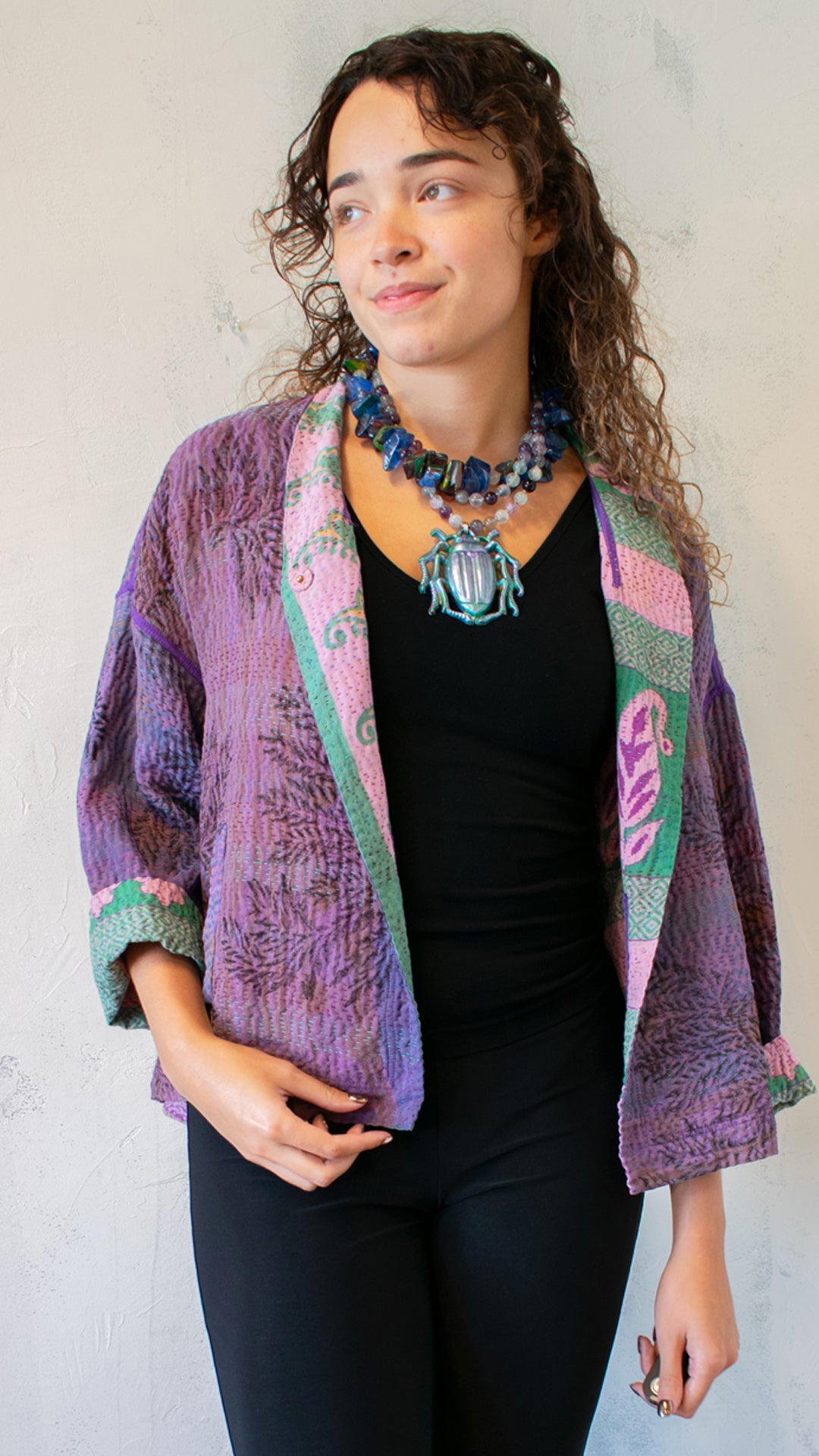 GC4034-0001A VINTAGE SILK GEORGETTE COTTON KANTHA STAND COLLAR CROPPED JACKET