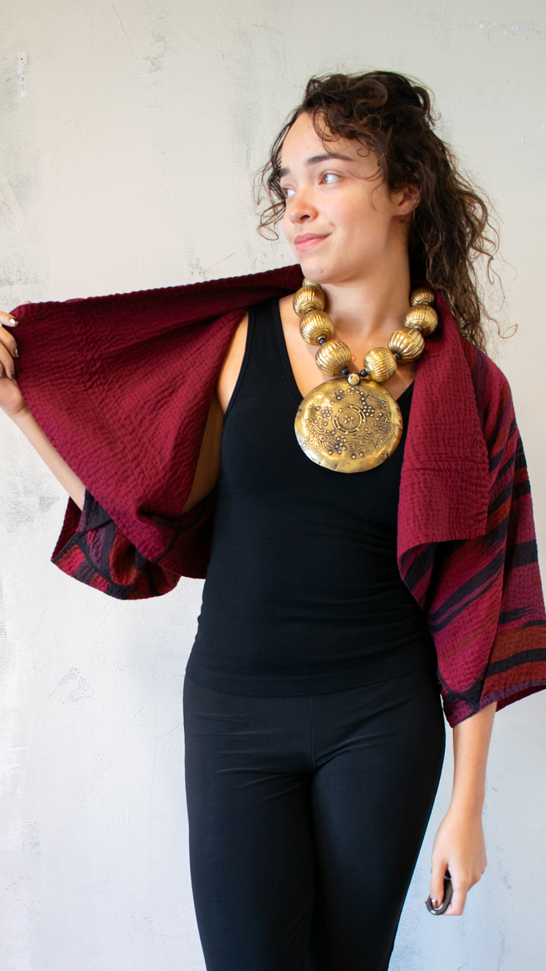 OV-SB4062-CREDA STRIPE AND BENDS KANTHA PUFF SLV. SHRUG