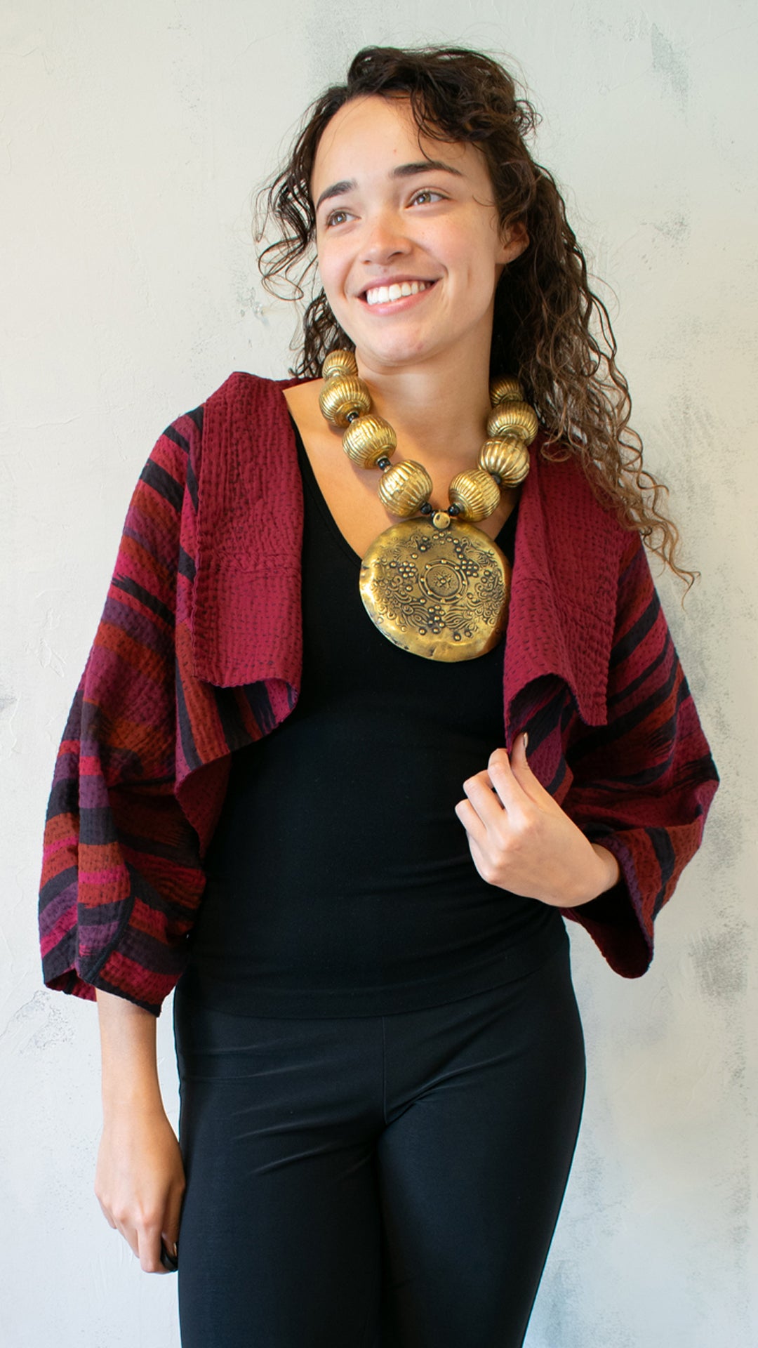 OV-SB4062-CREDA STRIPE AND BENDS KANTHA PUFF SLV. SHRUG