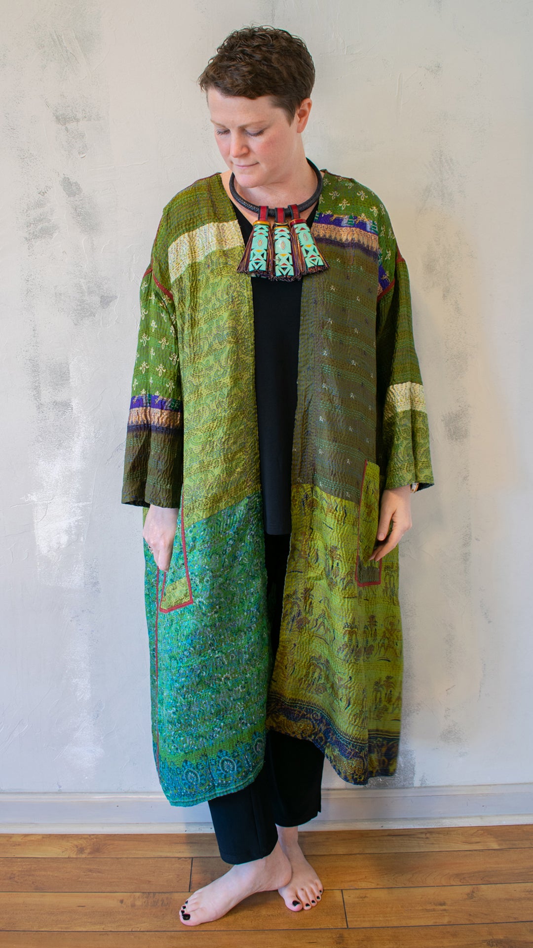 SV2328-0010A VINTAGE SILK KANTHA LONG DUSTER