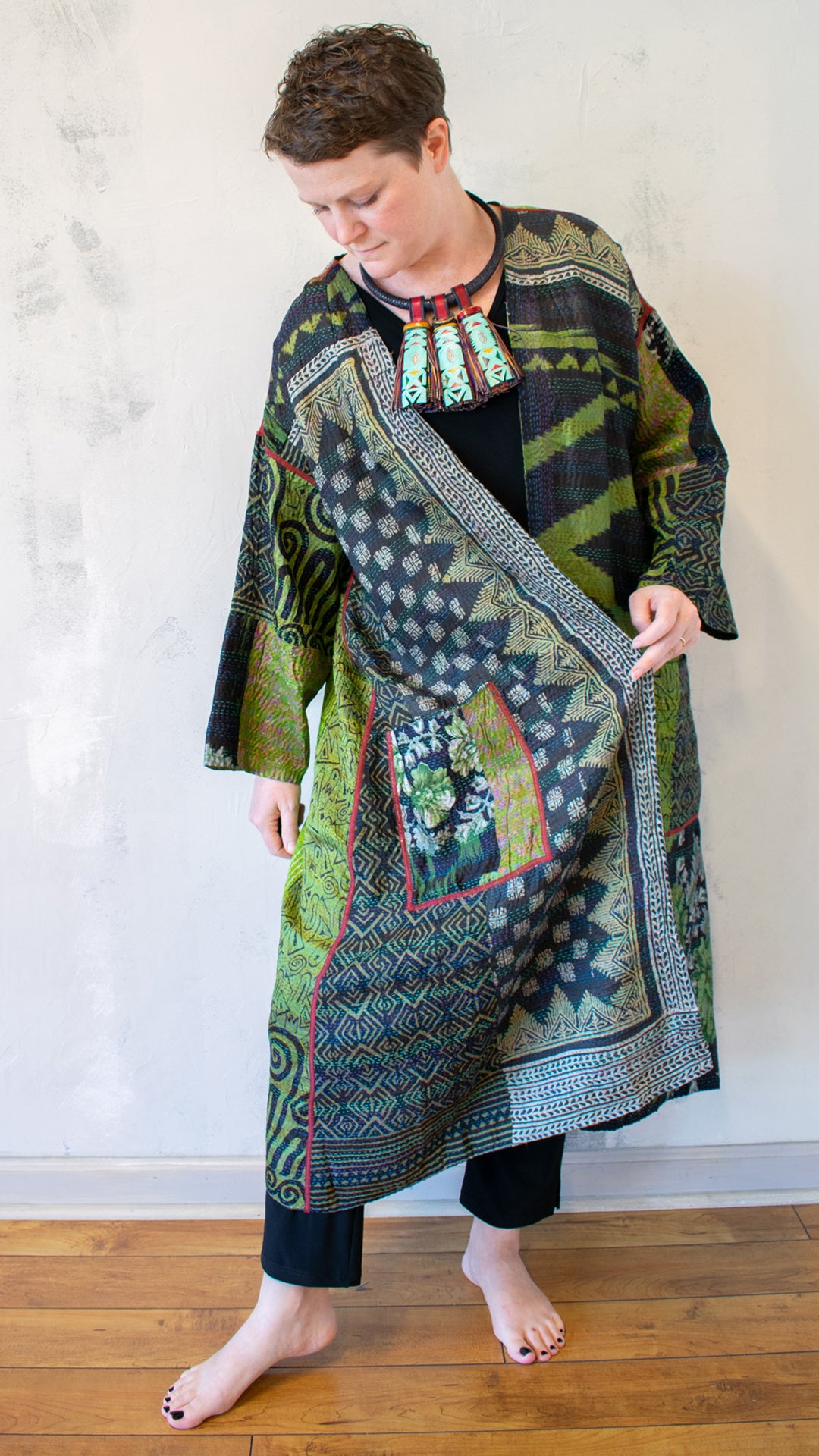 SV2328-0010A VINTAGE SILK KANTHA LONG DUSTER