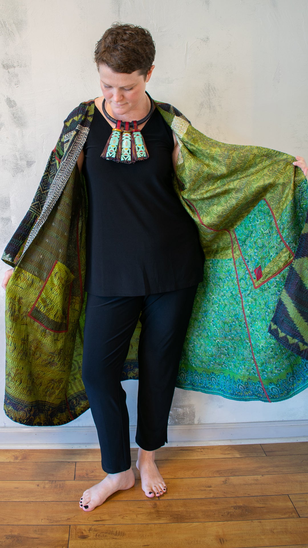 SV2328-0010A VINTAGE SILK KANTHA LONG DUSTER