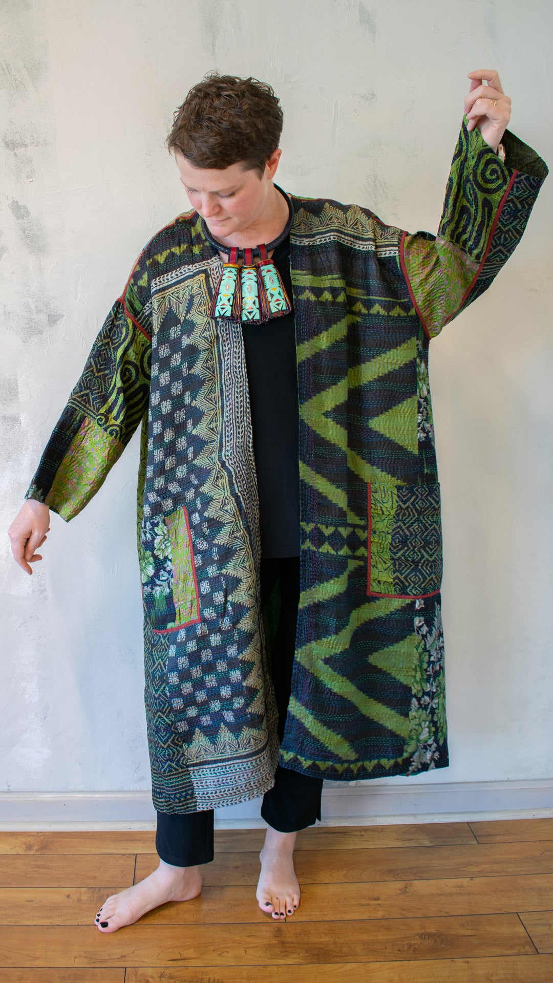 SV2328-0010A VINTAGE SILK KANTHA LONG DUSTER