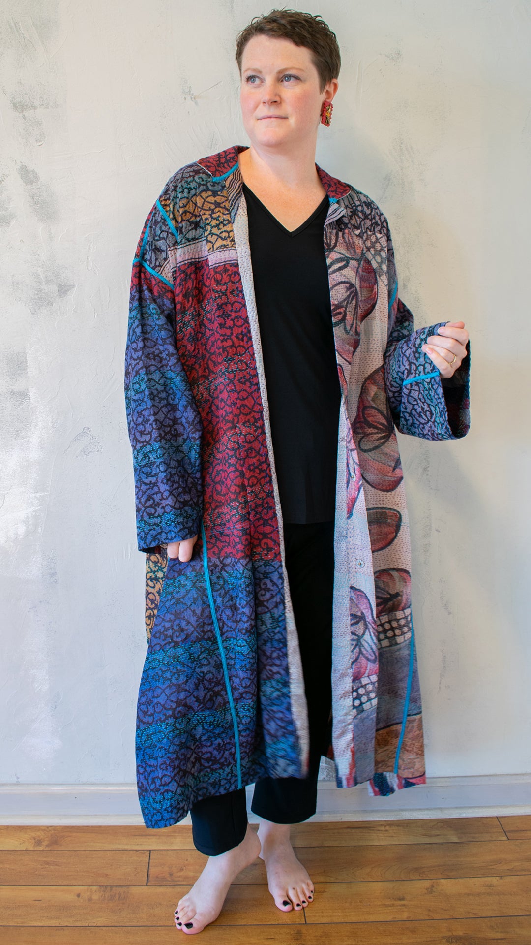 SG2342-0007A VINATGE SILK GEORGETTE KANTHA NEW OVERSIZED COAT