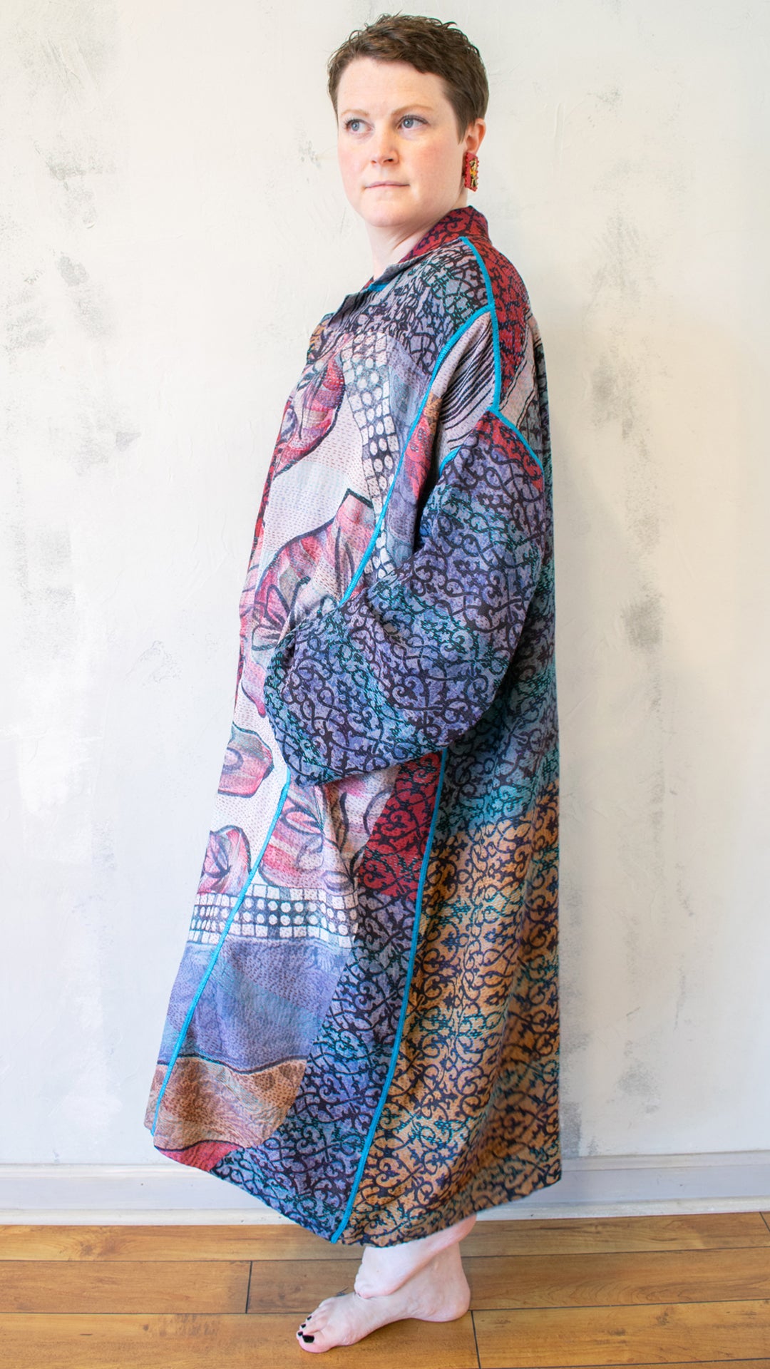 SG2342-0007A VINATGE SILK GEORGETTE KANTHA NEW OVERSIZED COAT