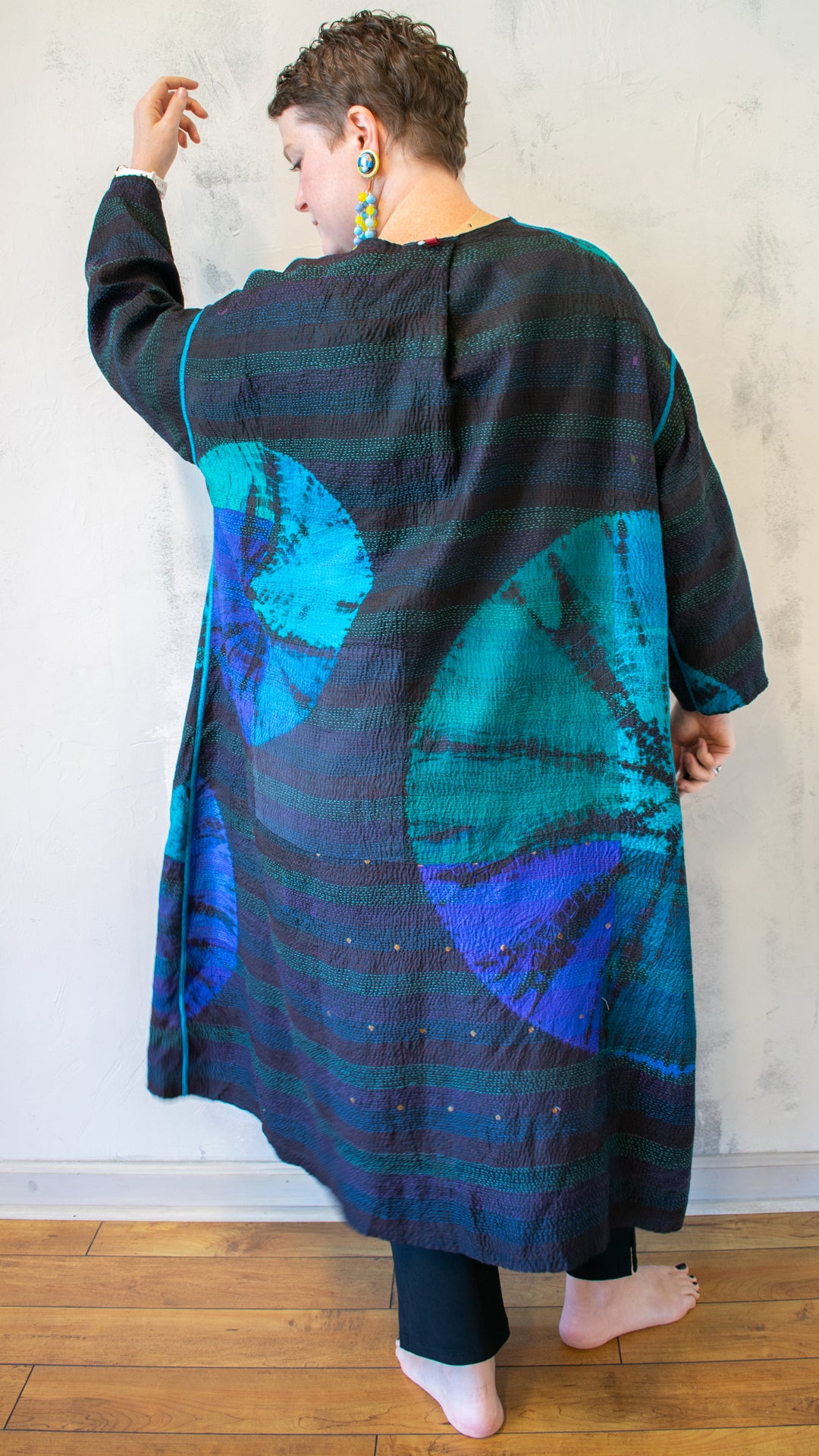 TD2328-CBLUA TIE DYE CIRCLE SHIBORI KANTHA LONG DUSTER