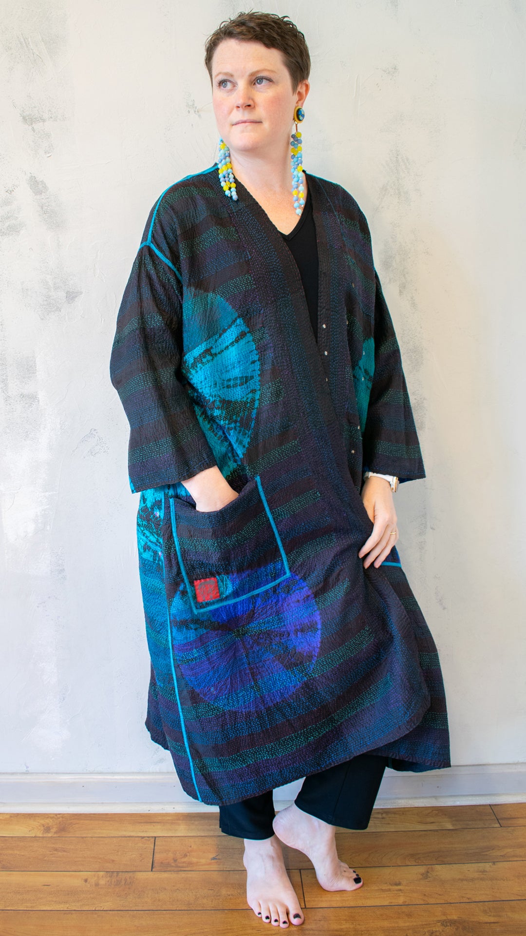 TD2328-CBLUA TIE DYE CIRCLE SHIBORI KANTHA LONG DUSTER