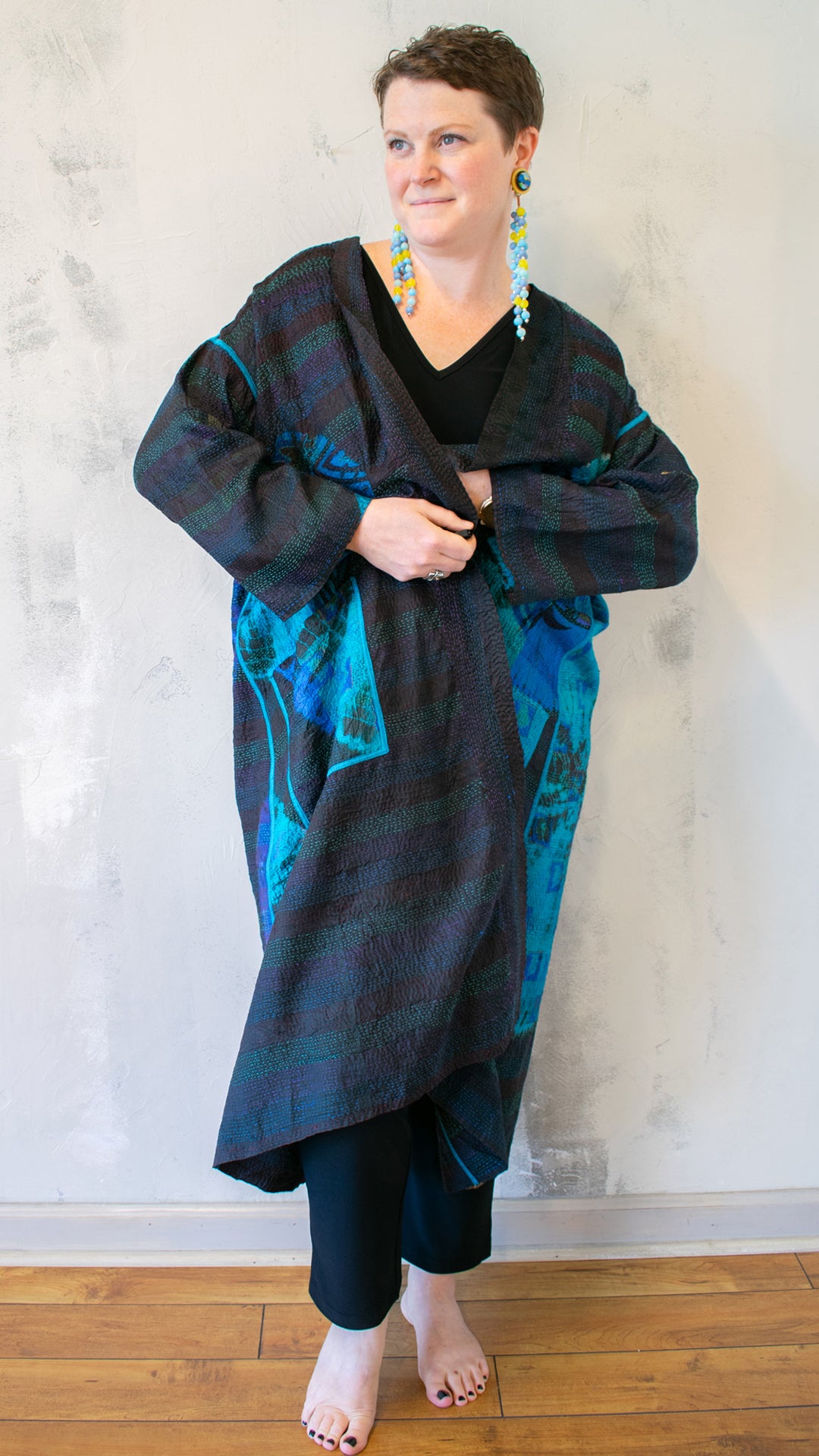 TD2328-CBLUA TIE DYE CIRCLE SHIBORI KANTHA LONG DUSTER