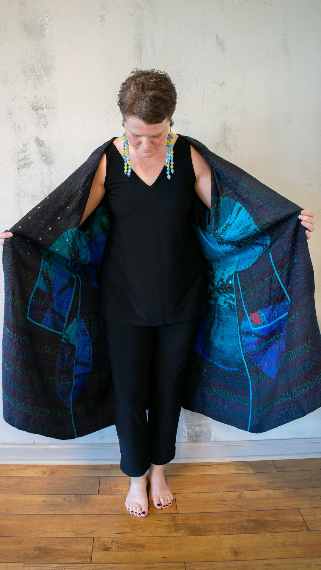 TD2328-CBLUA TIE DYE CIRCLE SHIBORI KANTHA LONG DUSTER