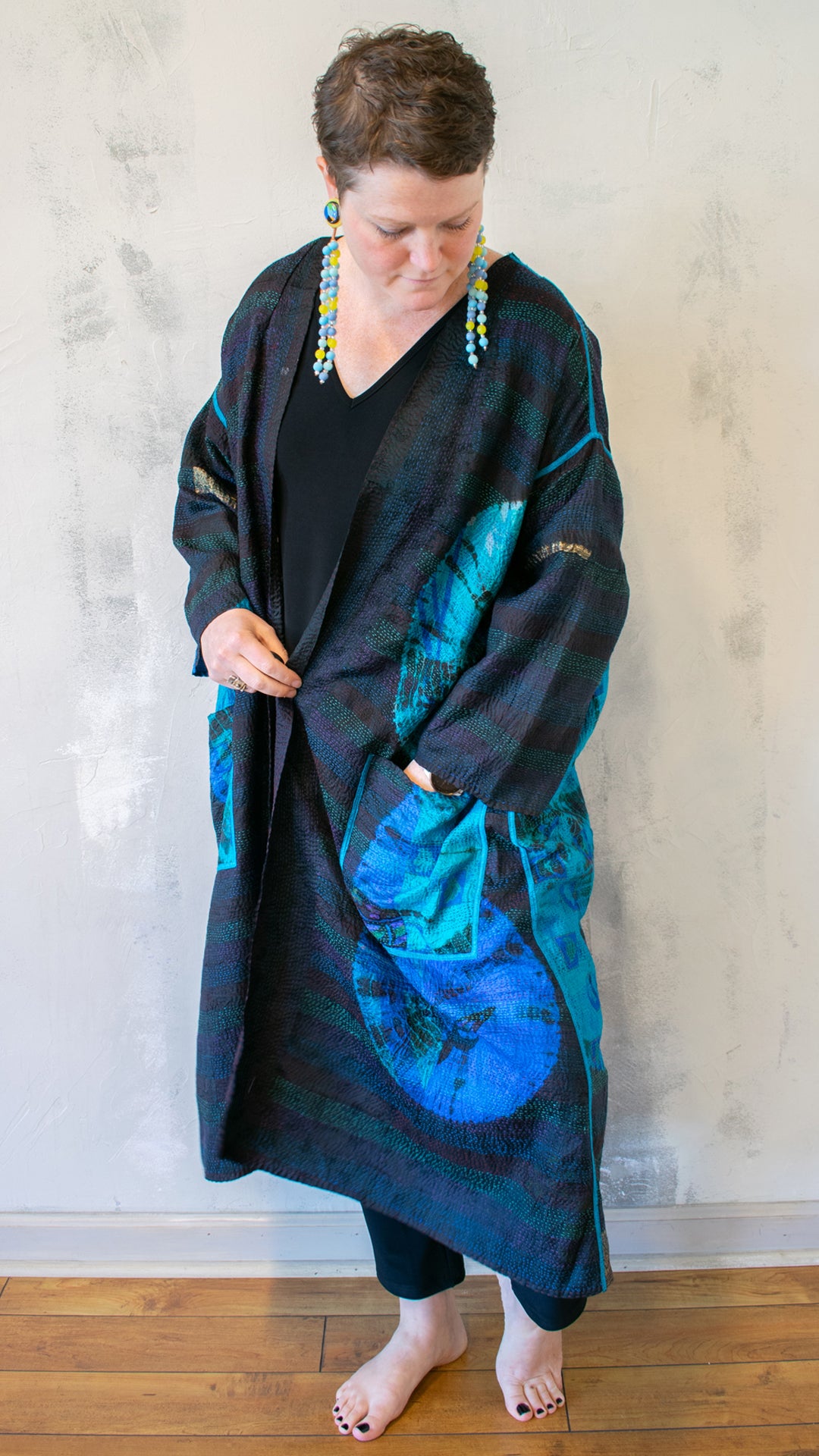 TD2328-CBLUA TIE DYE CIRCLE SHIBORI KANTHA LONG DUSTER