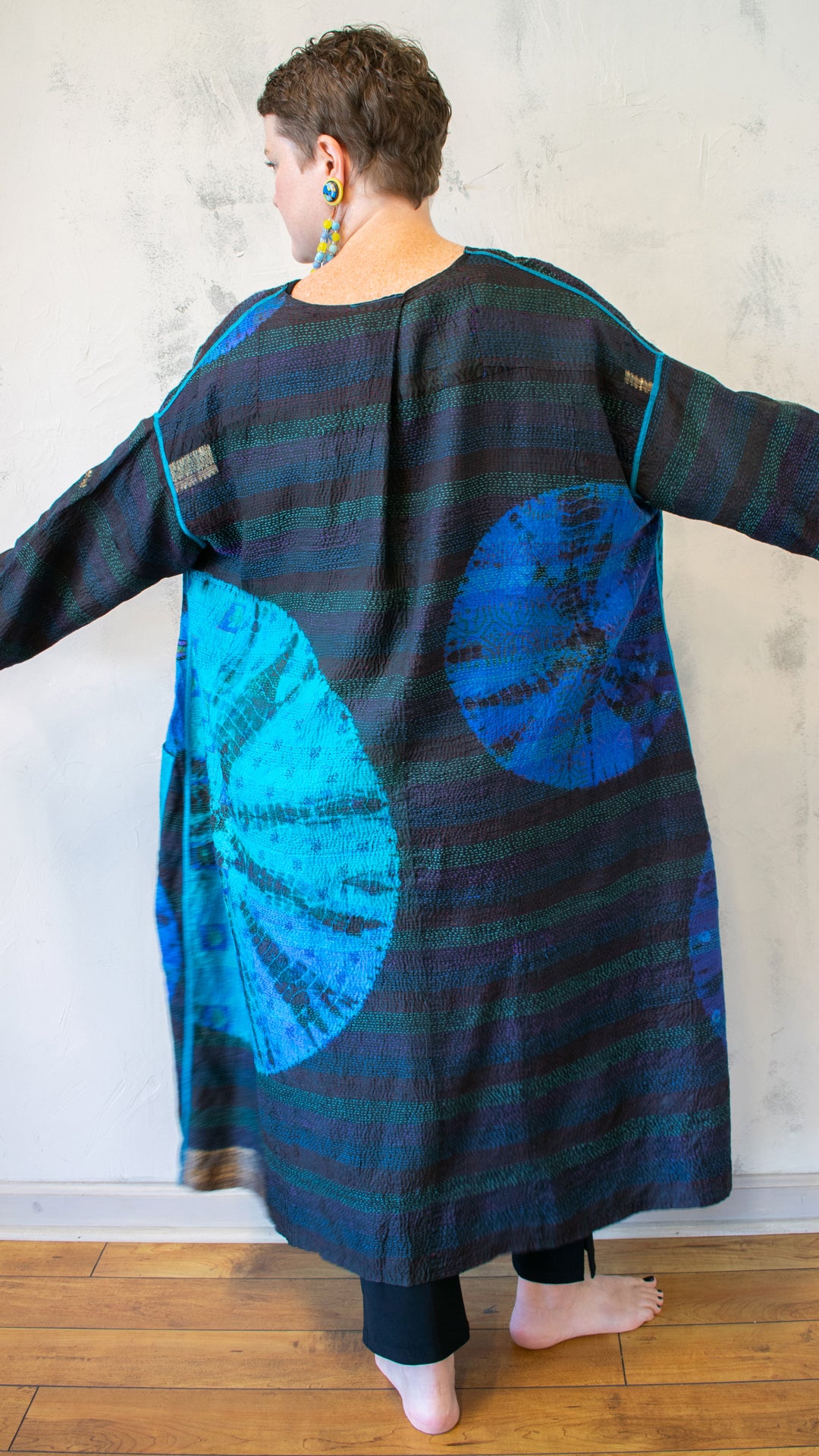 TD2328-CBLUA TIE DYE CIRCLE SHIBORI KANTHA LONG DUSTER