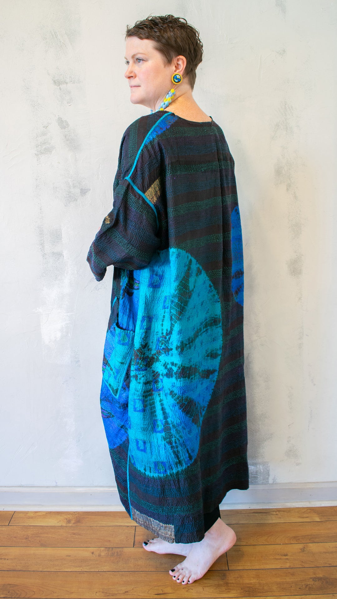 TD2328-CBLUA TIE DYE CIRCLE SHIBORI KANTHA LONG DUSTER
