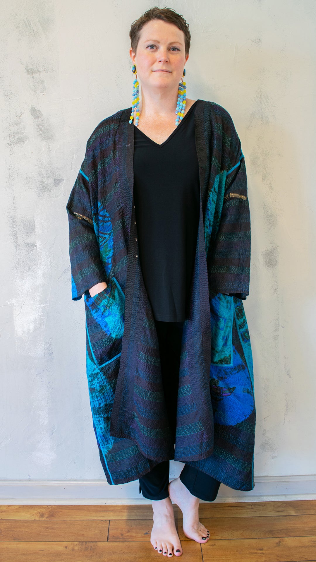 TD2328-CBLUA TIE DYE CIRCLE SHIBORI KANTHA LONG DUSTER