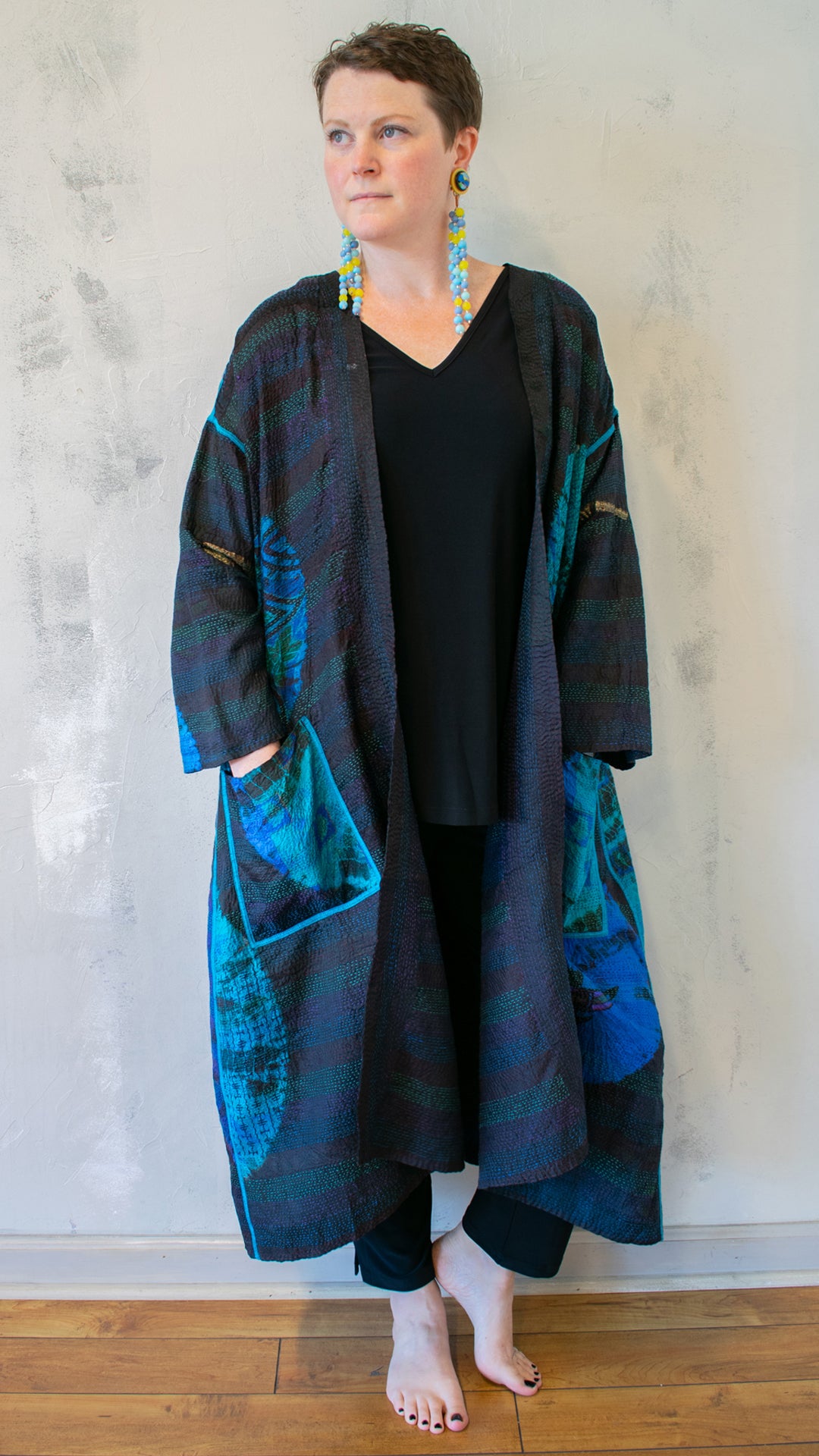 TD2328-CBLUA TIE DYE CIRCLE SHIBORI KANTHA LONG DUSTER