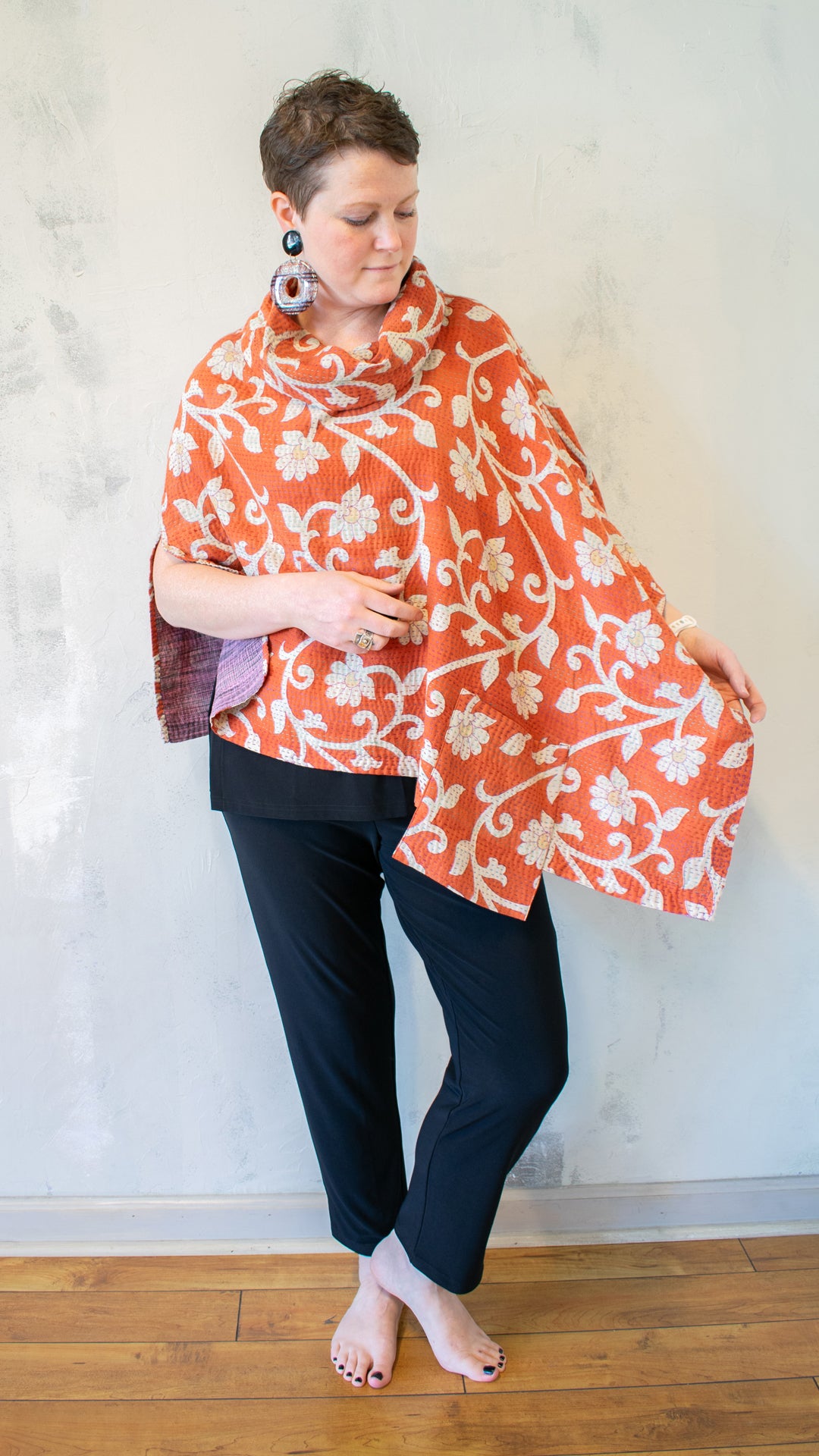 CV2842-CMLTA VINTAGE COTTON KANTHA COWL NECK LONG CAPE