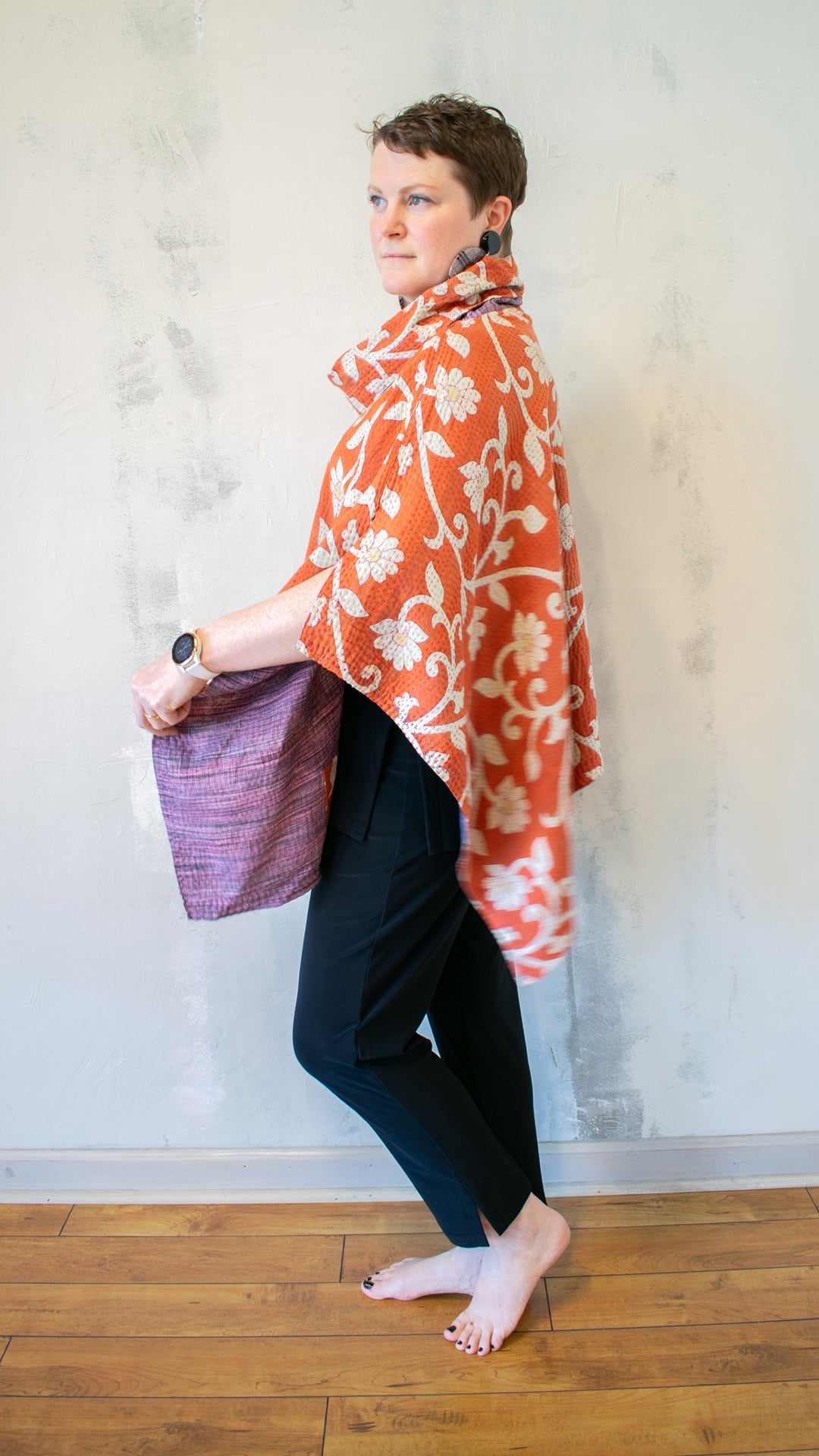 CV2842-CMLTA VINTAGE COTTON KANTHA COWL NECK LONG CAPE