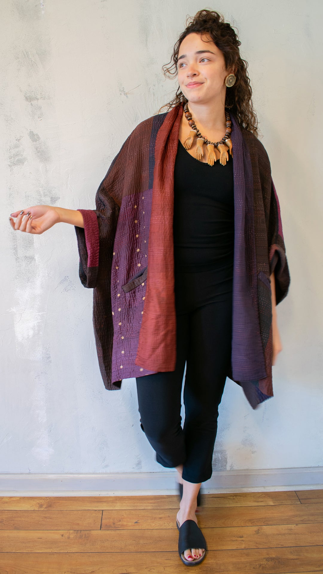 JP4323-CBRNA JAIPUR PATCH KANTHA DOUBLE COLLAR PONCHO