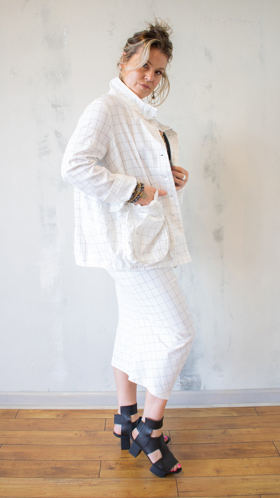 High Neck Check Jacket in White