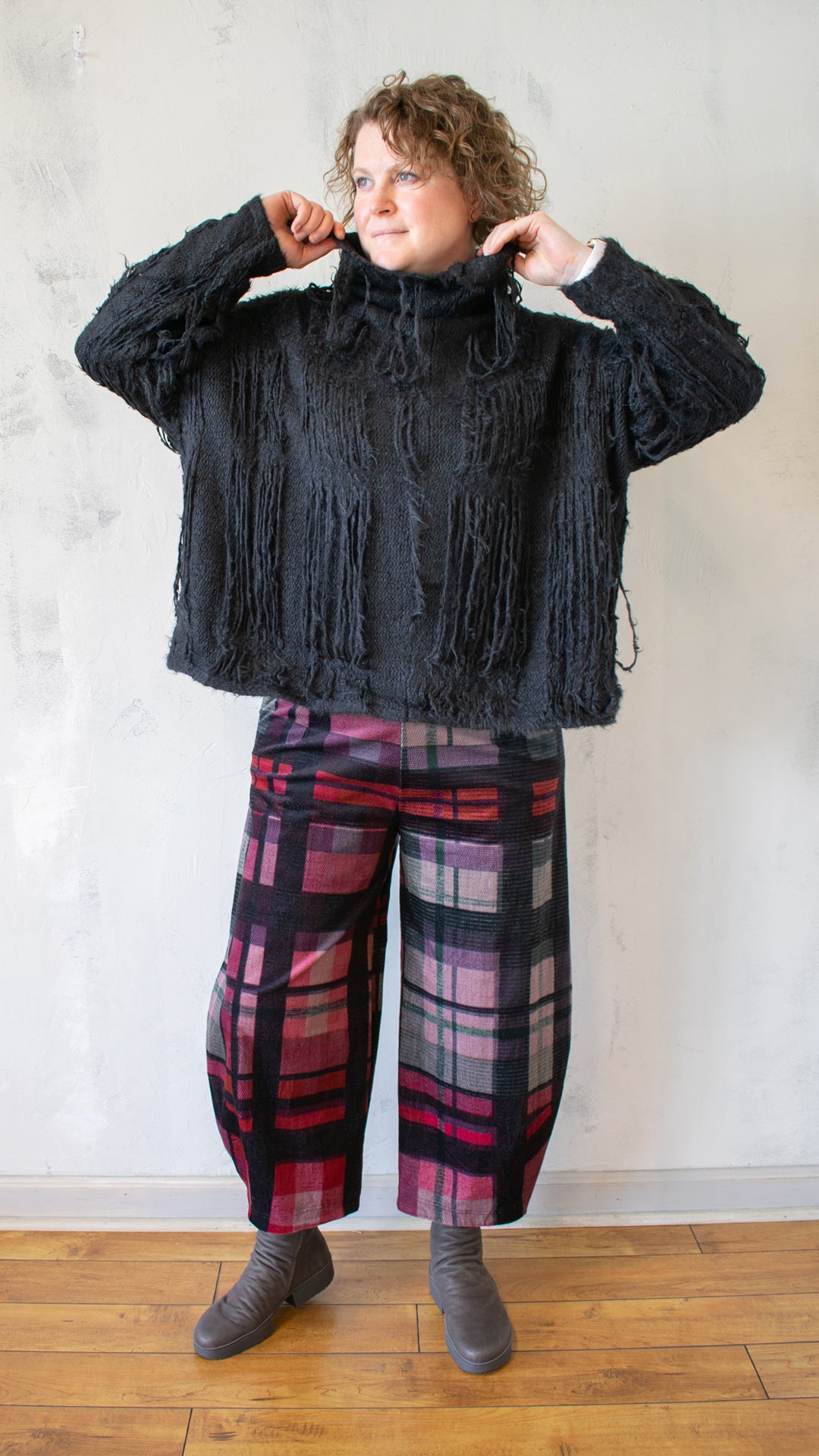 Fringed Funnel Neck Sweater in Black