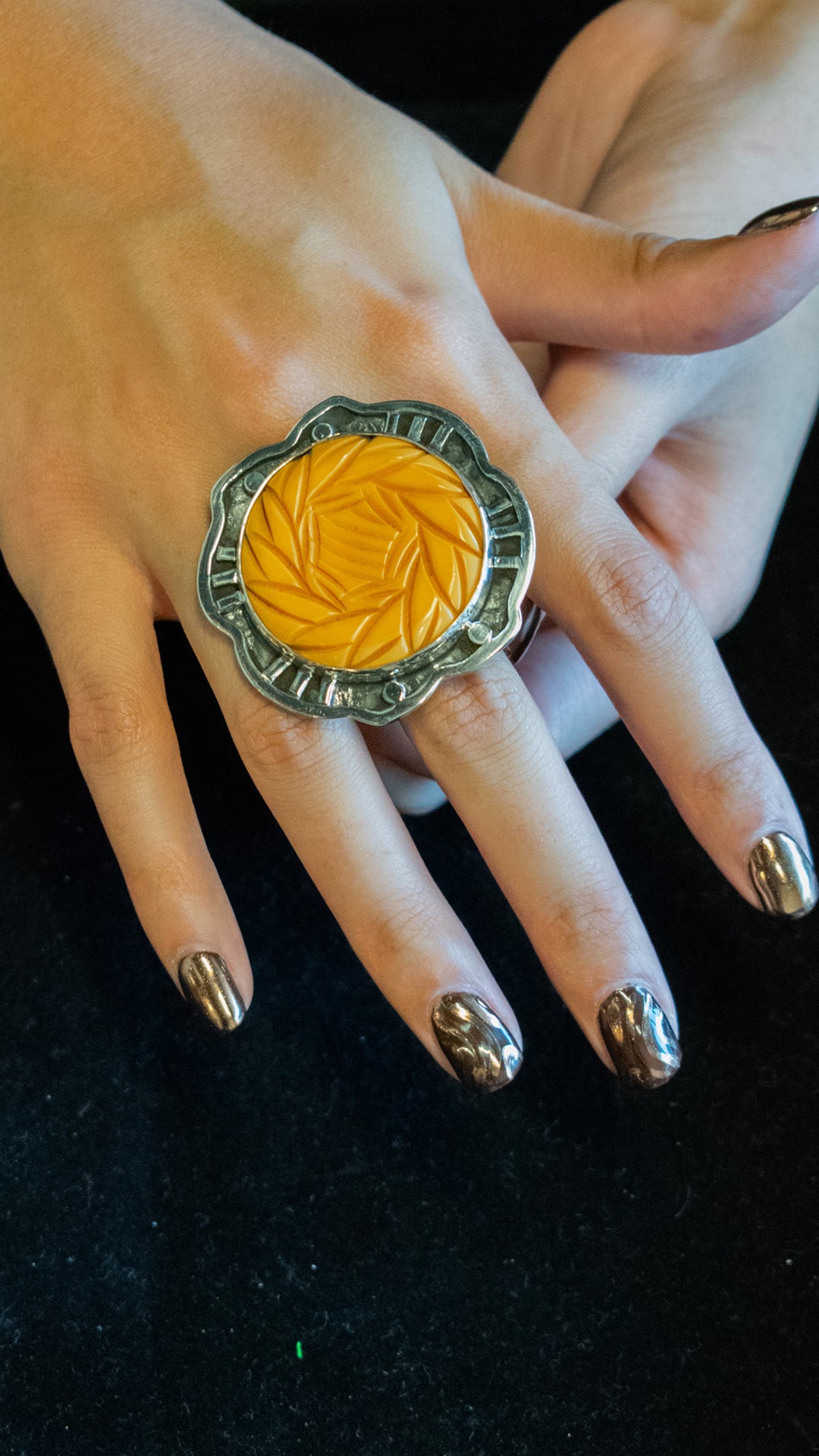 Carved Yellow Bakelite Ring