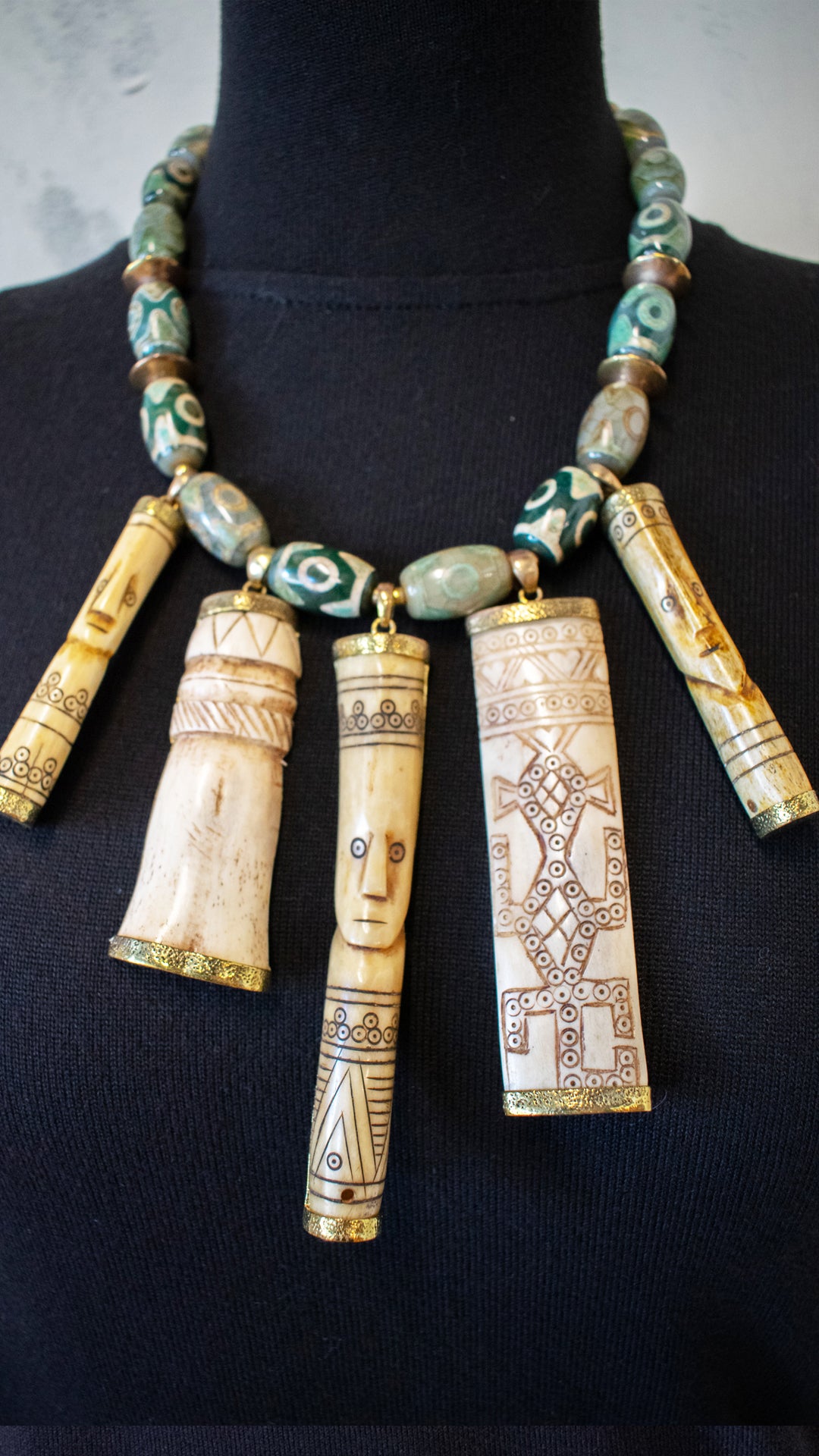 Vintage Carved Bone and Agate Necklace