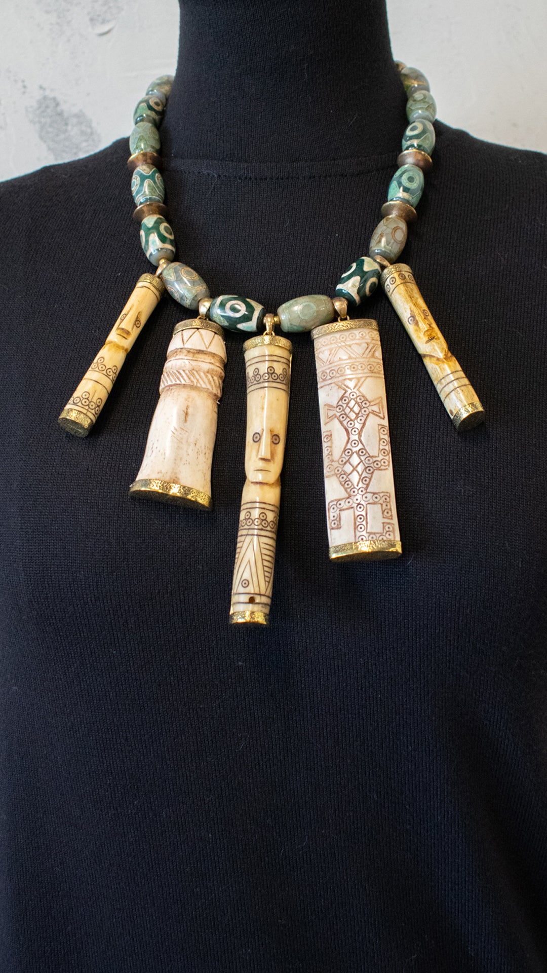 Vintage Carved Bone and Agate Necklace