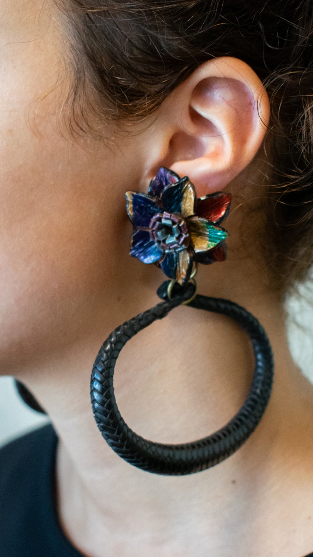 Leather Hoops with Java Flowers Clip Ons
