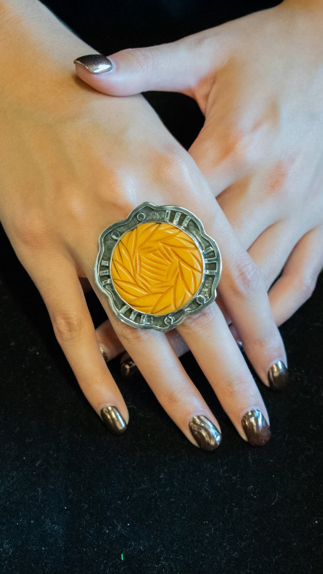 Carved Yellow Bakelite Ring
