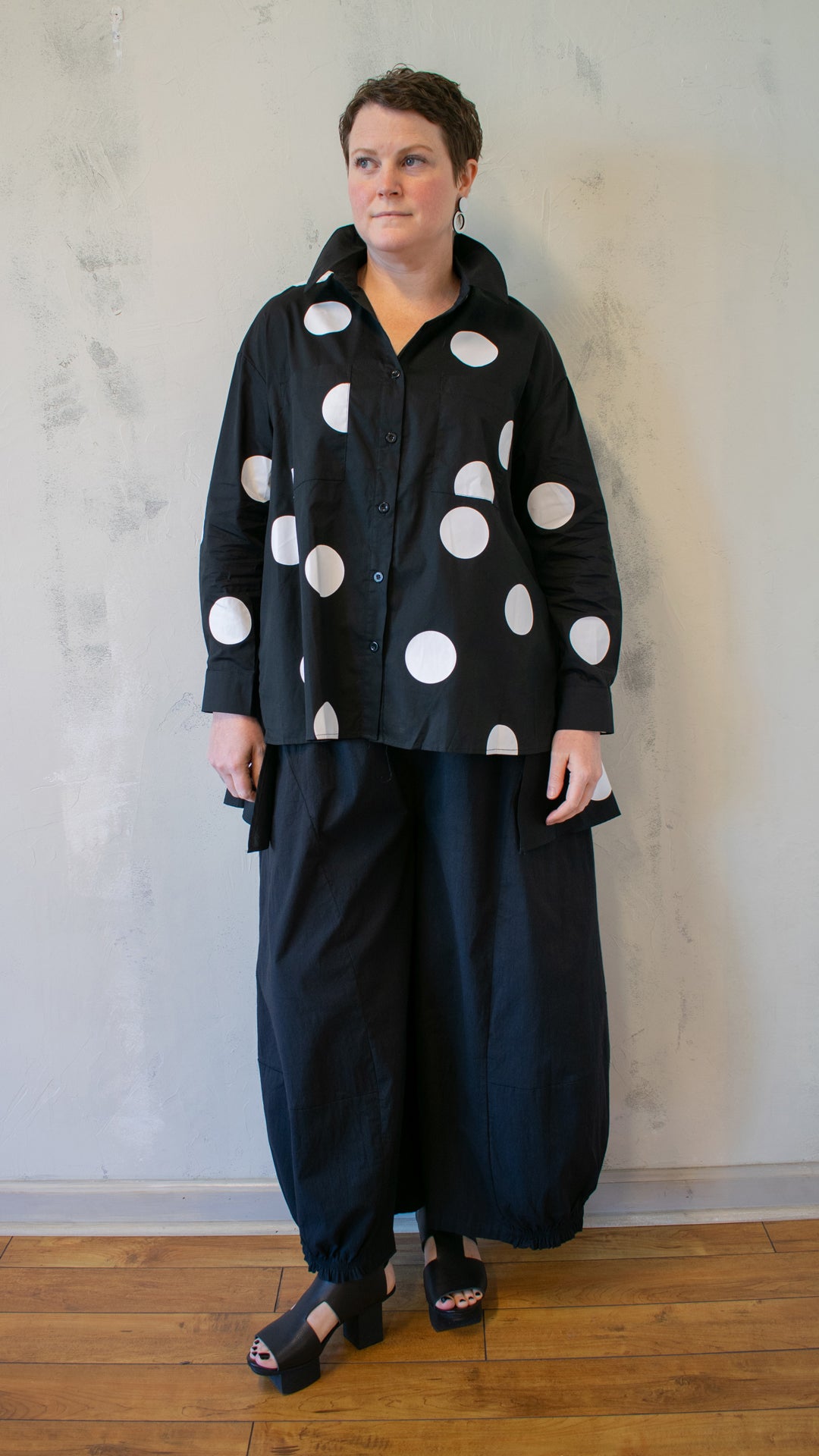 Polka Dot Crossover Button-Up in Black