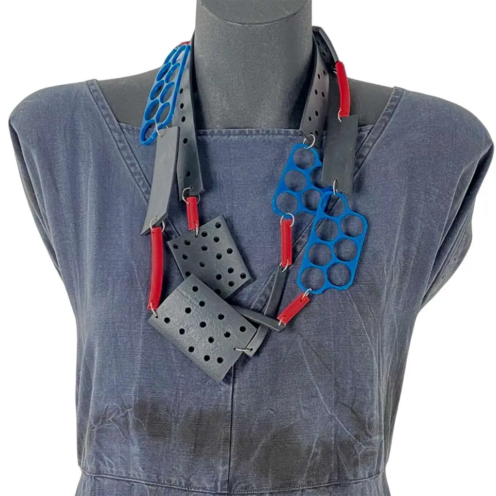 Sculptural Art Necklace in Blue & Red