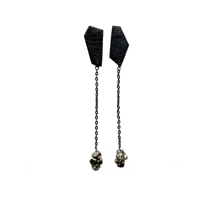 Drop Leather Earrings Black With Pyrite