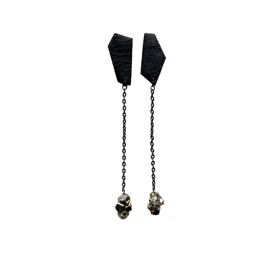 Drop Leather Earrings Black With Pyrite