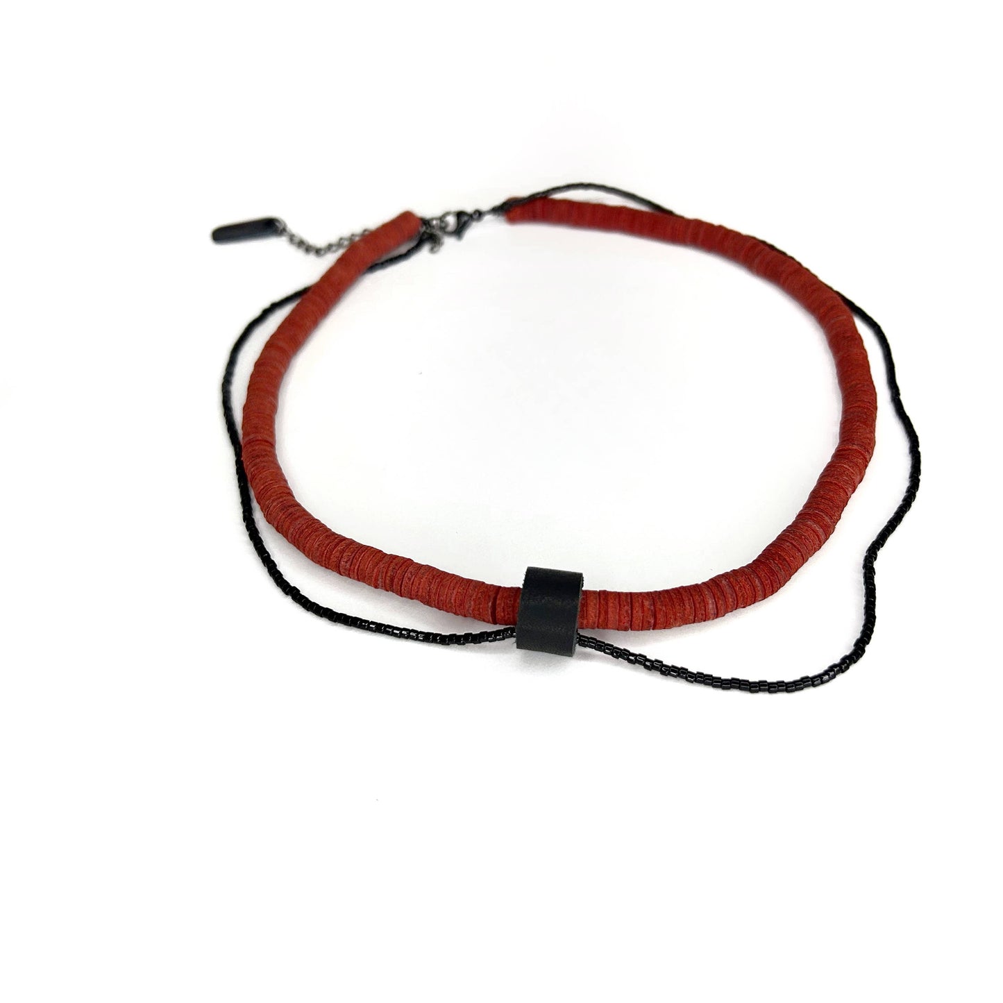 Red Leather Choker Necklace with Black Bead String N020
