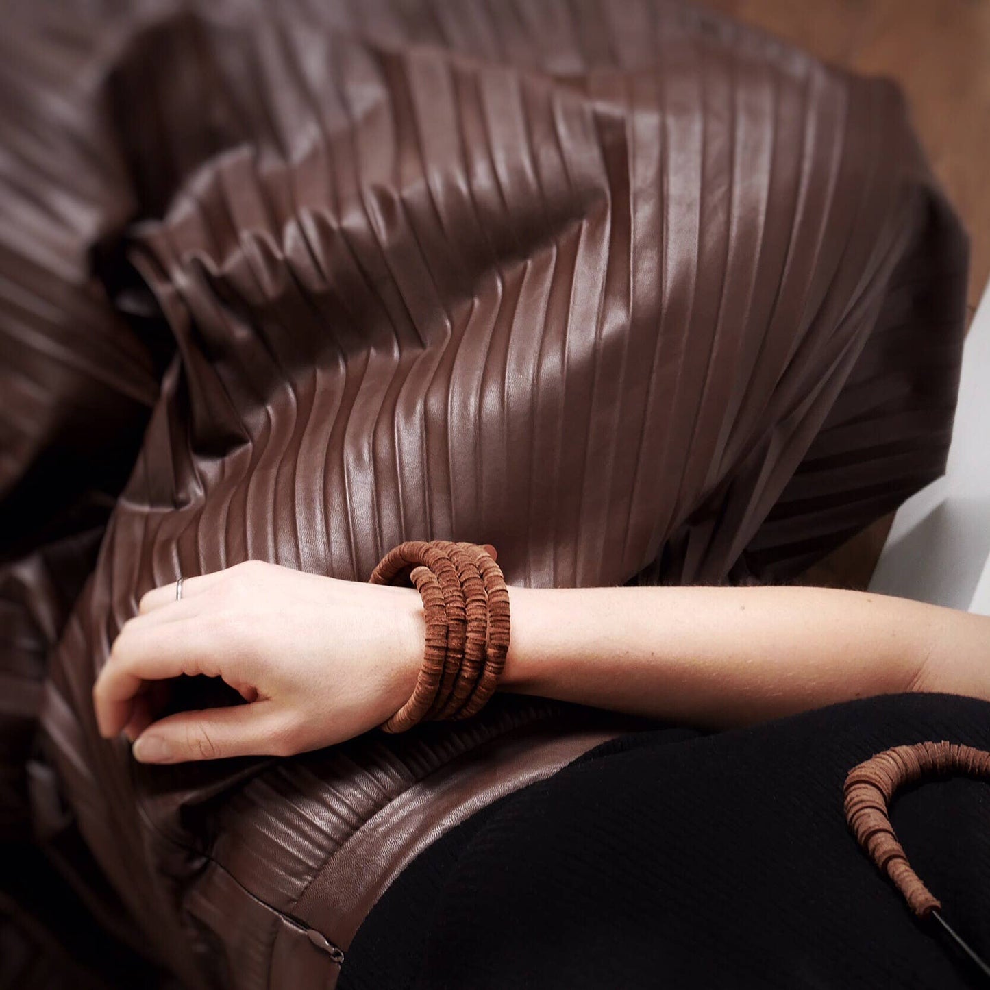 Continuous Coil Leather Cuff Bracelet in Brown