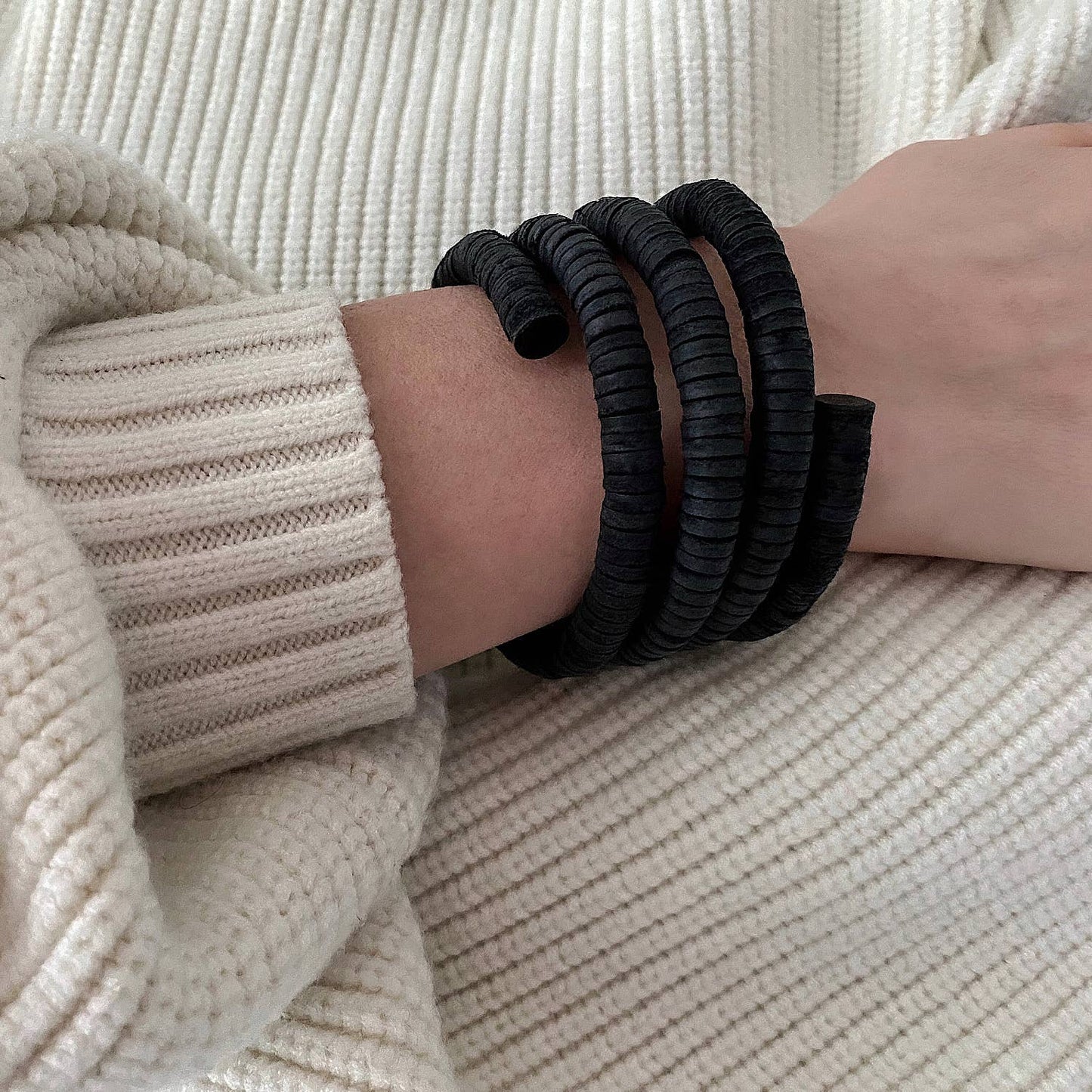 Continuous Coil Leather Cuff Bracelet Black