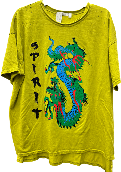 Distressed Tee with Spirit Dragon Print in Chartreuse