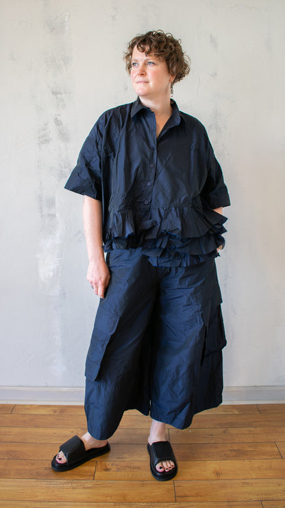 Navy Ruffle Hem Button Up