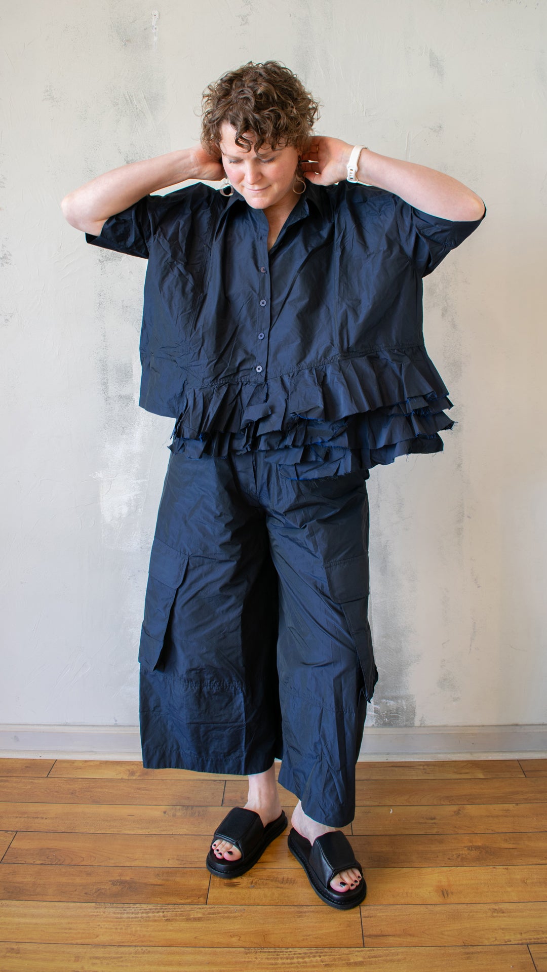 Navy Ruffle Hem Button Up