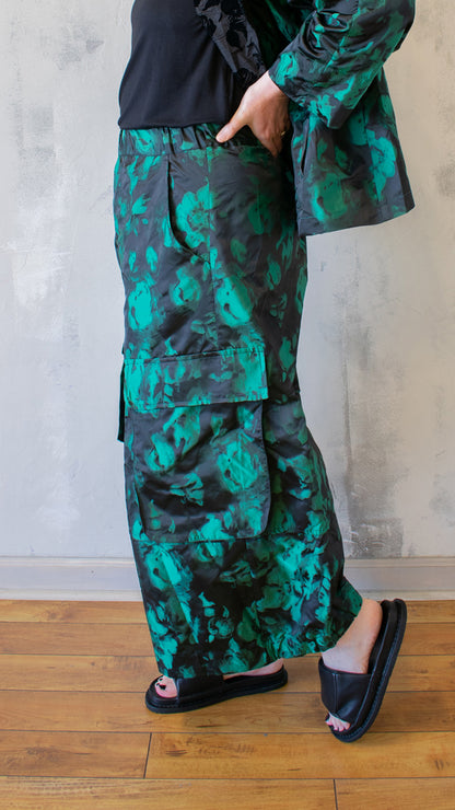 Emerald Jacquard Taffeta Wide Cargo Pant