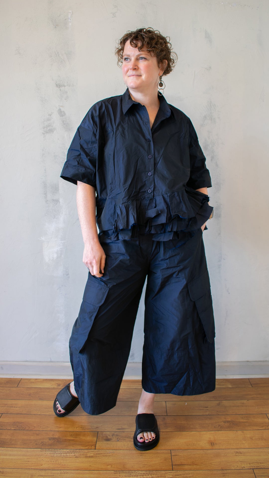Navy Ruffle Hem Button Up