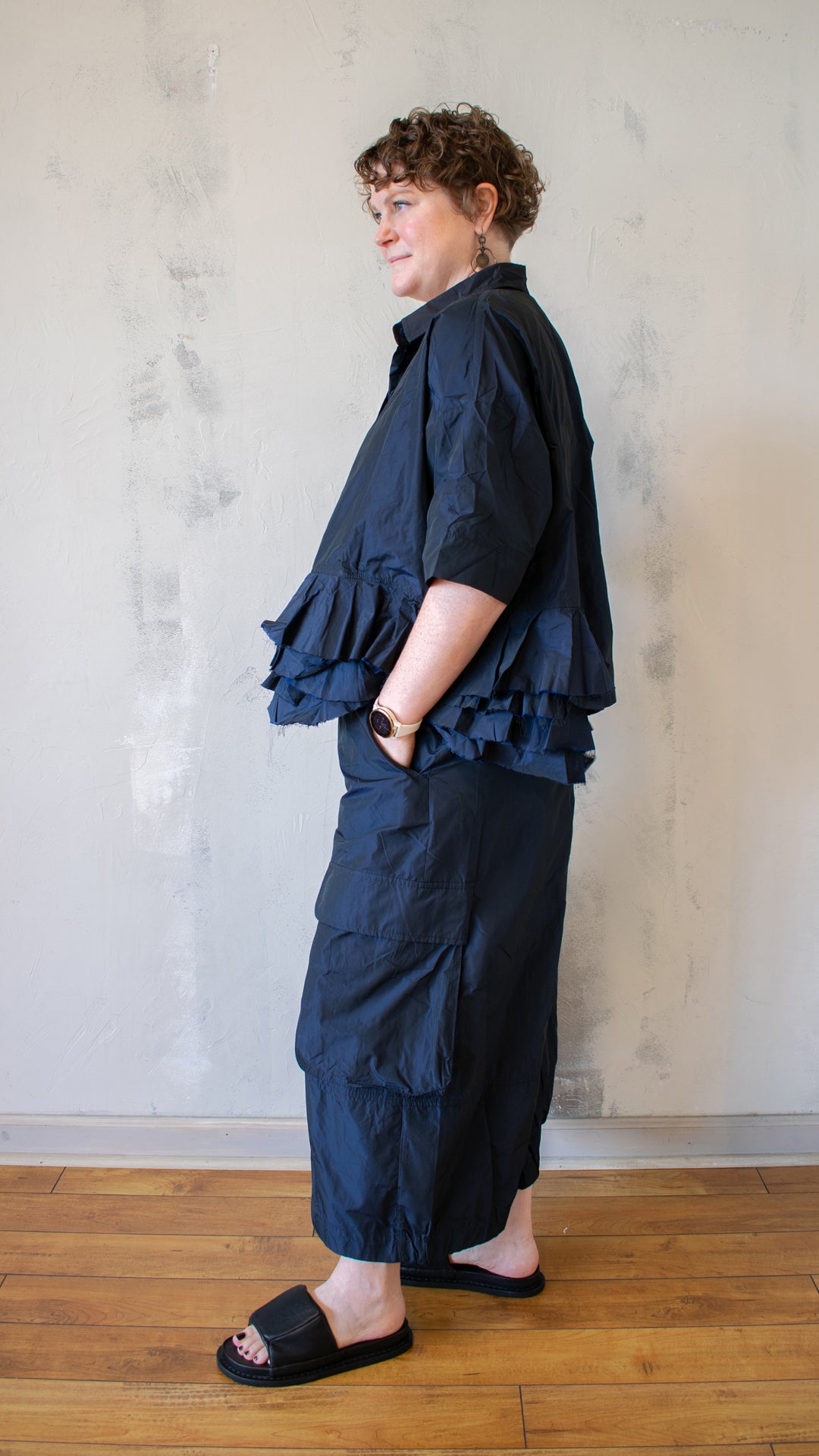 Navy Ruffle Hem Button Up