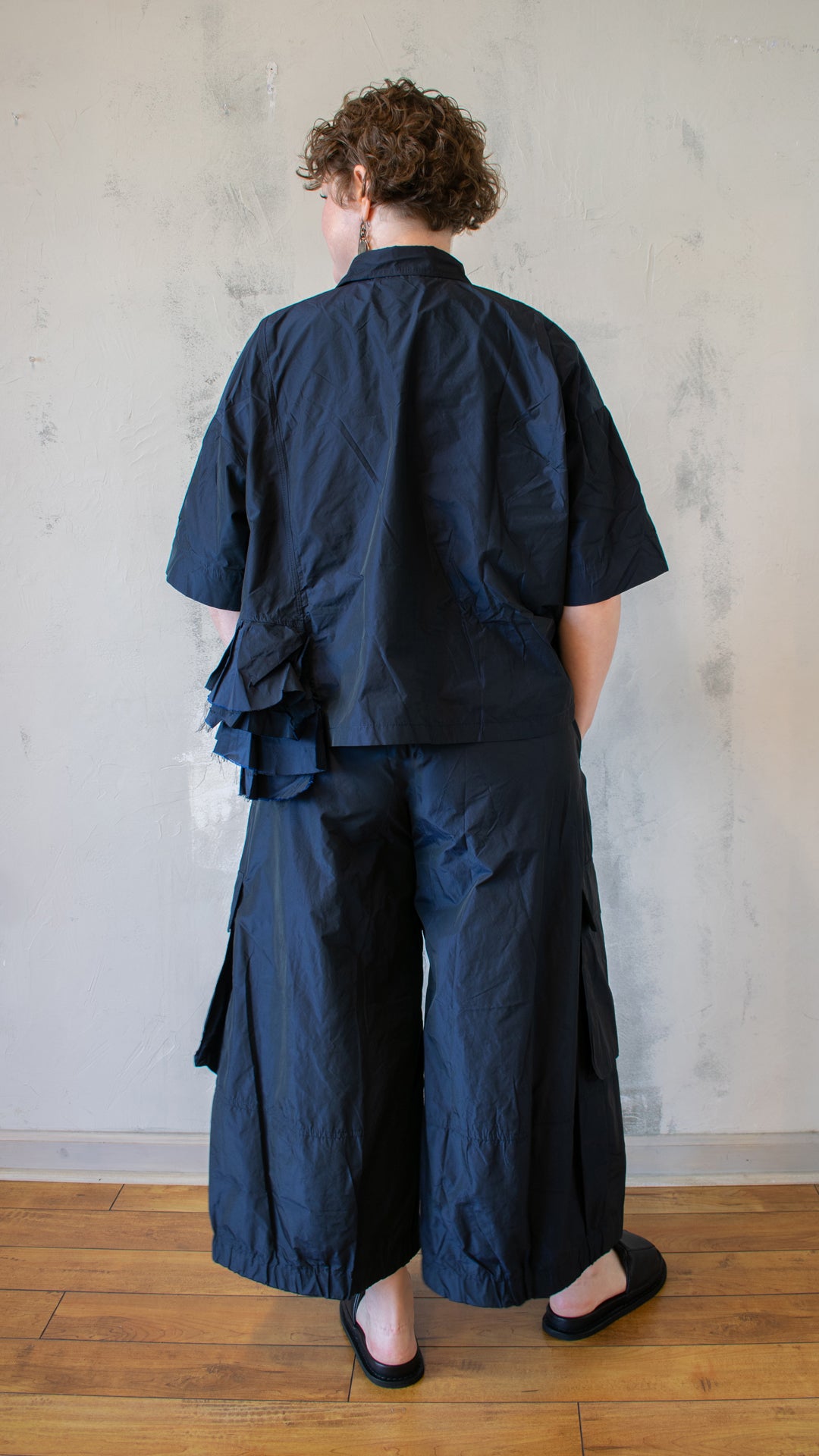 Navy Ruffle Hem Button Up