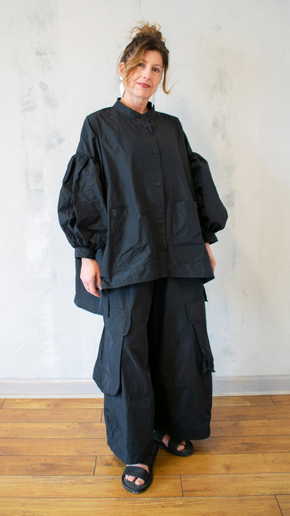 Pillow Sleeve Taffeta Button Up